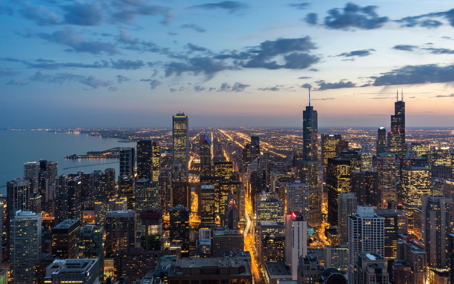 The Chicago skyline at dusk