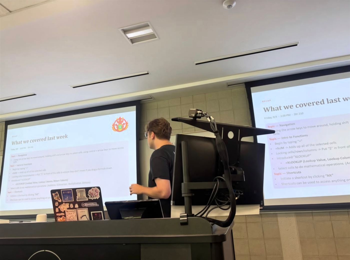 A lead presenting a recap of last week's lesson on functions and shortcuts